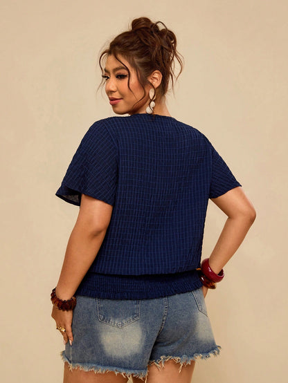 Travachic Ruffled Hem Elastic Waist Short Sleeve Round Neck Pullover Top, Plus Size Blouse Women's Tops For Summer Women Blouses Tee And Casual Outfits