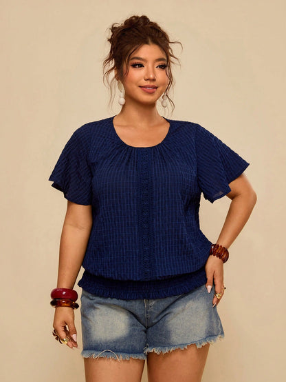 Travachic Ruffled Hem Elastic Waist Short Sleeve Round Neck Pullover Top, Plus Size Blouse Women's Tops For Summer Women Blouses Tee And Casual Outfits