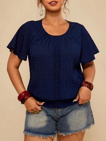 Travachic Ruffled Hem Elastic Waist Short Sleeve Round Neck Pullover Top, Plus Size Blouse Women's Tops For Summer Women Blouses Tee And Casual Outfits