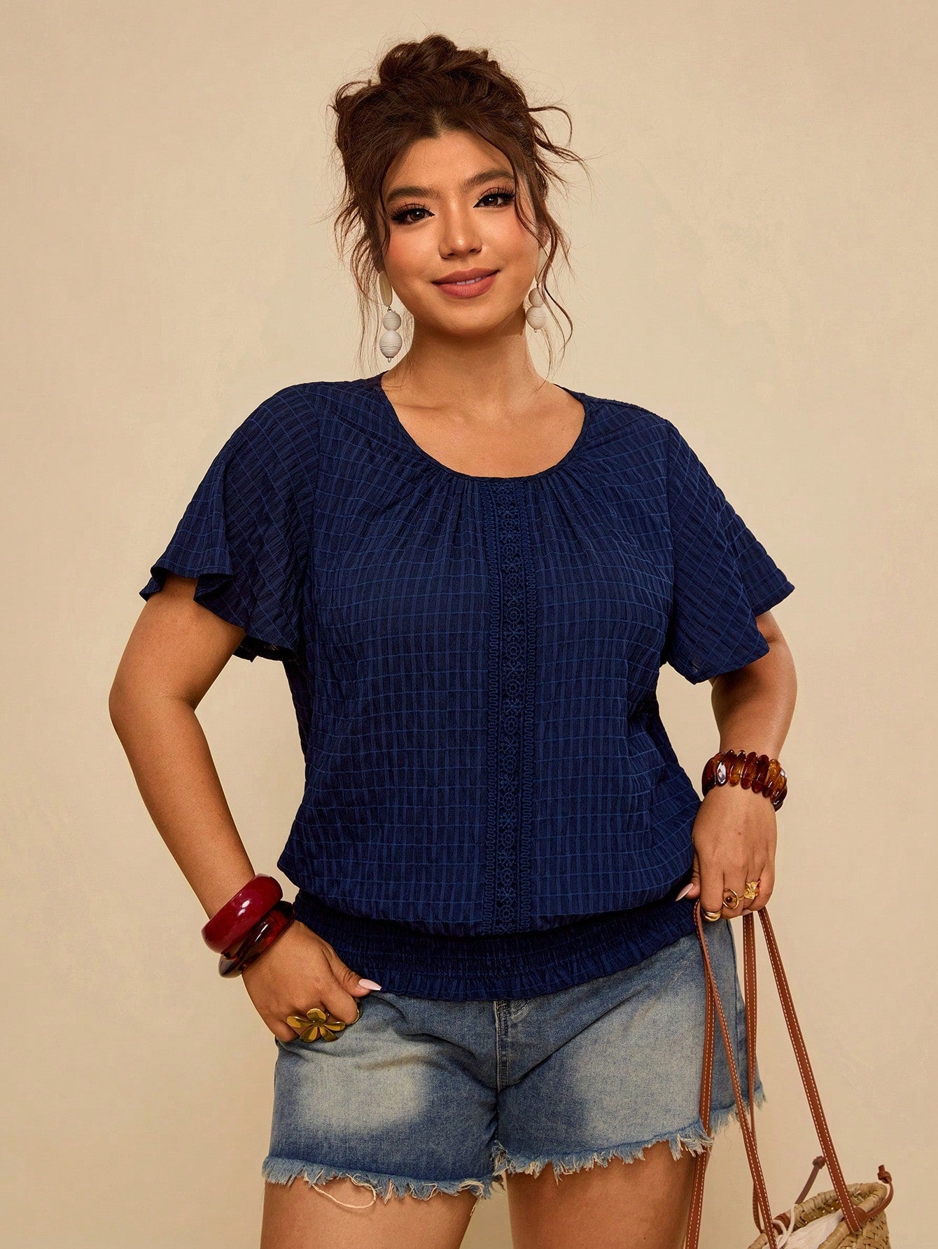 Travachic Ruffled Hem Elastic Waist Short Sleeve Round Neck Pullover Top, Plus Size Blouse Women's Tops For Summer Women Blouses Tee And Casual Outfits