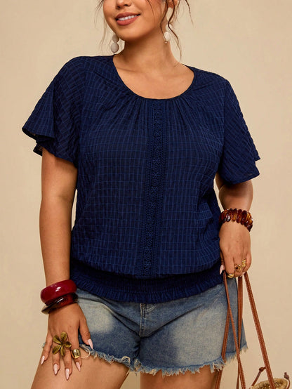 Travachic Ruffled Hem Elastic Waist Short Sleeve Round Neck Pullover Top, Plus Size Blouse Women's Tops For Summer Women Blouses Tee And Casual Outfits