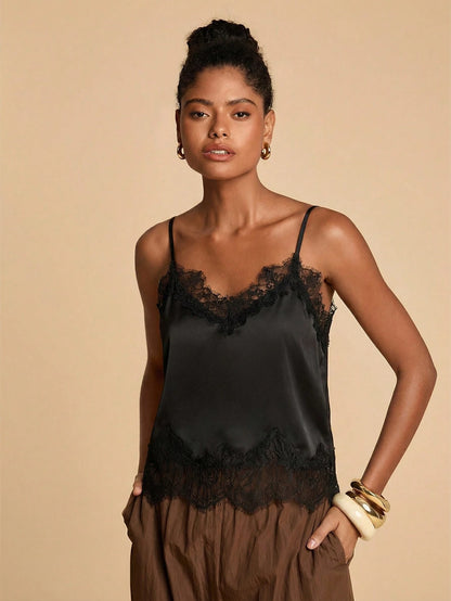 Travachic Women's Black Elegant Lace Patchwork Camisole Top, Summer Holiday Night Out Top, Boho V-Neck Satin Cami Top, Beach Party, Casual Wedding Guest