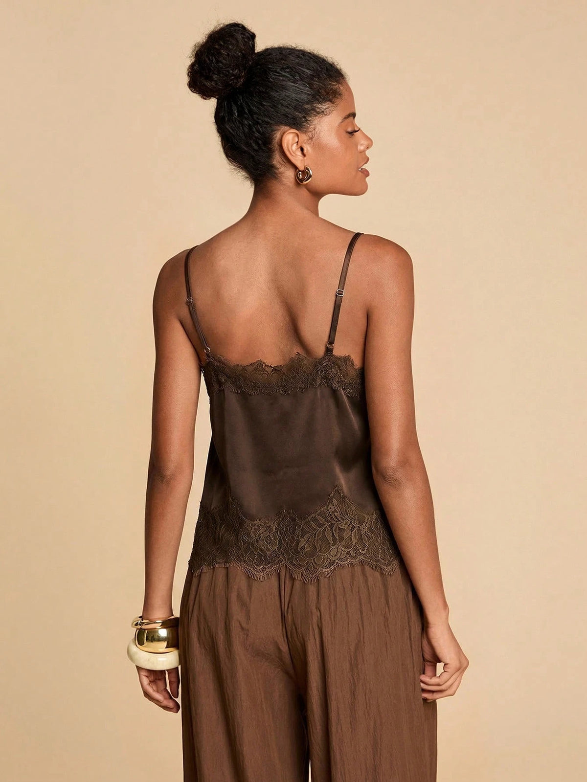 Travachic Women's Black Elegant Lace Patchwork Camisole Top, Summer Holiday Night Out Top, Boho V-Neck Satin Cami Top, Beach Party, Casual Wedding Guest