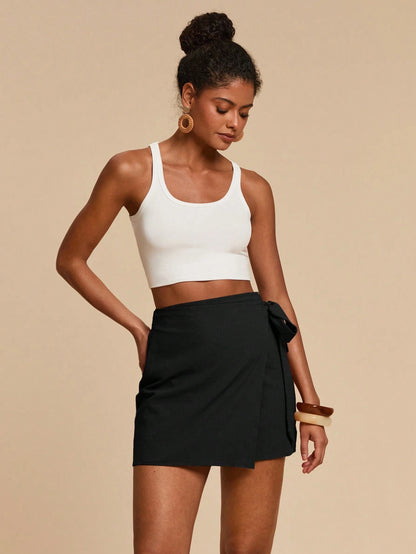 Travachic Women's Black Woven Tie Side Short Skirt For Summer Beach Vacation, Elegant Casual Party And Carnival Costume