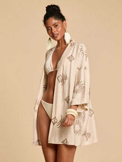 Travachic Women's Embroidered Pattern Long Sleeve Cover Up,Beige,Summer,Boho,Beach,Holiday,Holiday,Bohemian,Elegant,Vacation,Western Style,Flower,Graphic,Casual