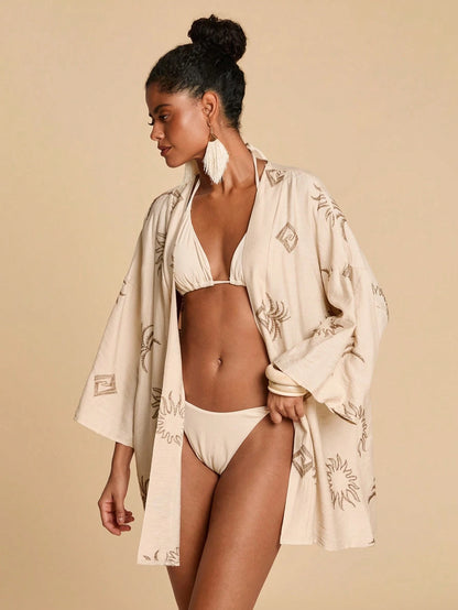 Travachic Women's Embroidered Pattern Long Sleeve Cover Up,Beige,Summer,Boho,Beach,Holiday,Holiday,Bohemian,Elegant,Vacation,Western Style,Flower,Graphic,Casual