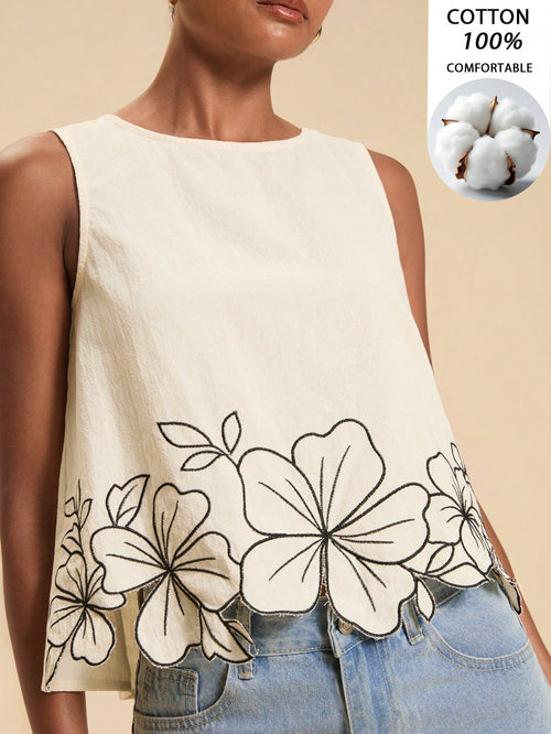 Travachic Women's Floral Embroidered Round Neck Sleeveless Top For Vacation Brunch Tea Party Black White Polka Dot Summer Minimalist Elegant