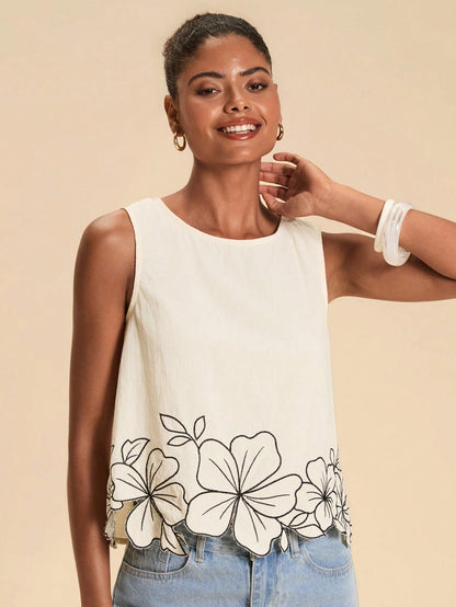 Travachic Women's Floral Embroidered Round Neck Sleeveless Top For Vacation Brunch Tea Party Black White Polka Dot Summer Minimalist Elegant