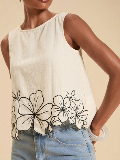 Travachic Women's Floral Embroidered Round Neck Sleeveless Top For Vacation Brunch Tea Party Black White Polka Dot Summer Minimalist Elegant