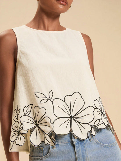Travachic Women's Floral Embroidered Round Neck Sleeveless Top For Vacation Brunch Tea Party Black White Polka Dot Summer Minimalist Elegant