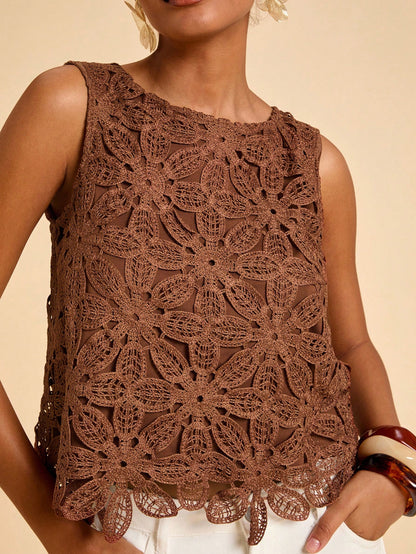 Travachic Women's Floral Embroidered Round Neck Sleeveless Top For Vacation Brunch Tea Party Black White Polka Dot Summer Minimalist Elegant