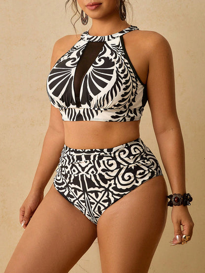 Travachic Women's Plus Size Resort Wear| Black And White Print High Neck Mesh Insert Bikini Set- High Waisted Two Pieces Swimwear Bathing Suit Beachwear