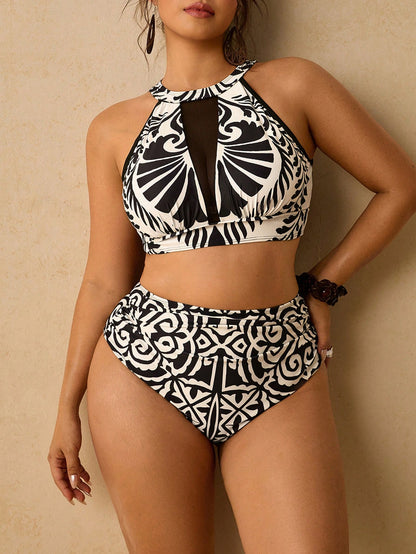 Travachic Women's Plus Size Resort Wear| Black And White Print High Neck Mesh Insert Bikini Set- High Waisted Two Pieces Swimwear Bathing Suit Beachwear