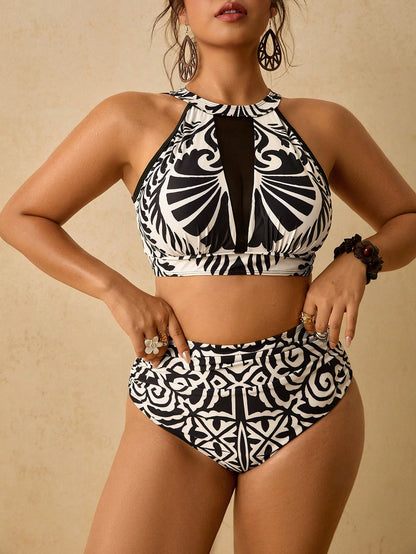 Travachic Women's Plus Size Resort Wear| Black And White Print High Neck Mesh Insert Bikini Set- High Waisted Two Pieces Swimwear Bathing Suit Beachwear