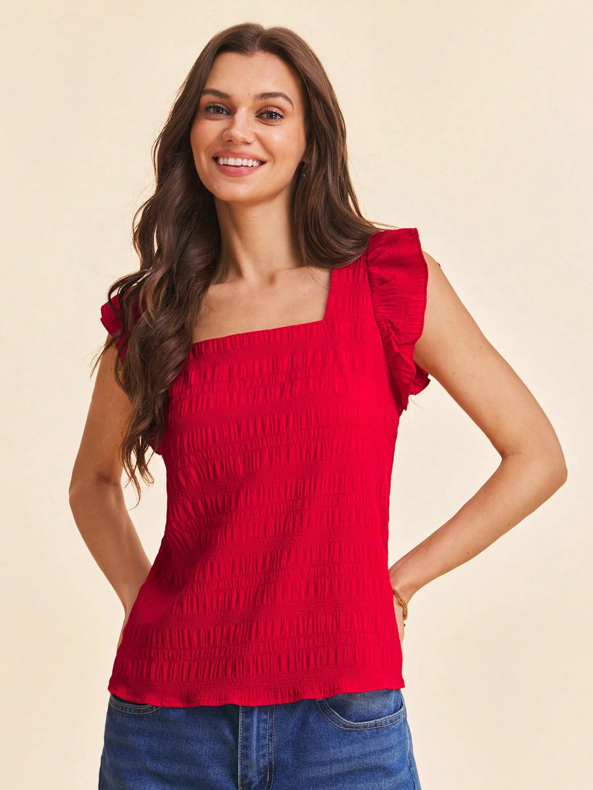 Travachic Women's Solid Color Square Neck Cap Sleeve Casual Loose Blouse