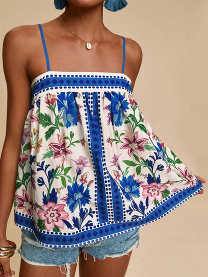 Travachic Women's White And Blue Floral Floral Print Cami Top, Vacation, Beach, Summer Tops, Tropical, Bohemian Sexy Breezy, Ibiza, Western Style