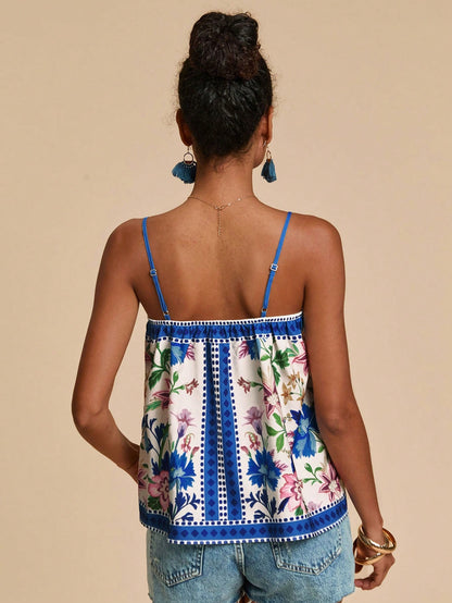 Travachic Women's White And Blue Floral Floral Print Cami Top, Vacation, Beach, Summer Tops, Tropical, Bohemian Sexy Breezy, Ibiza, Western Style