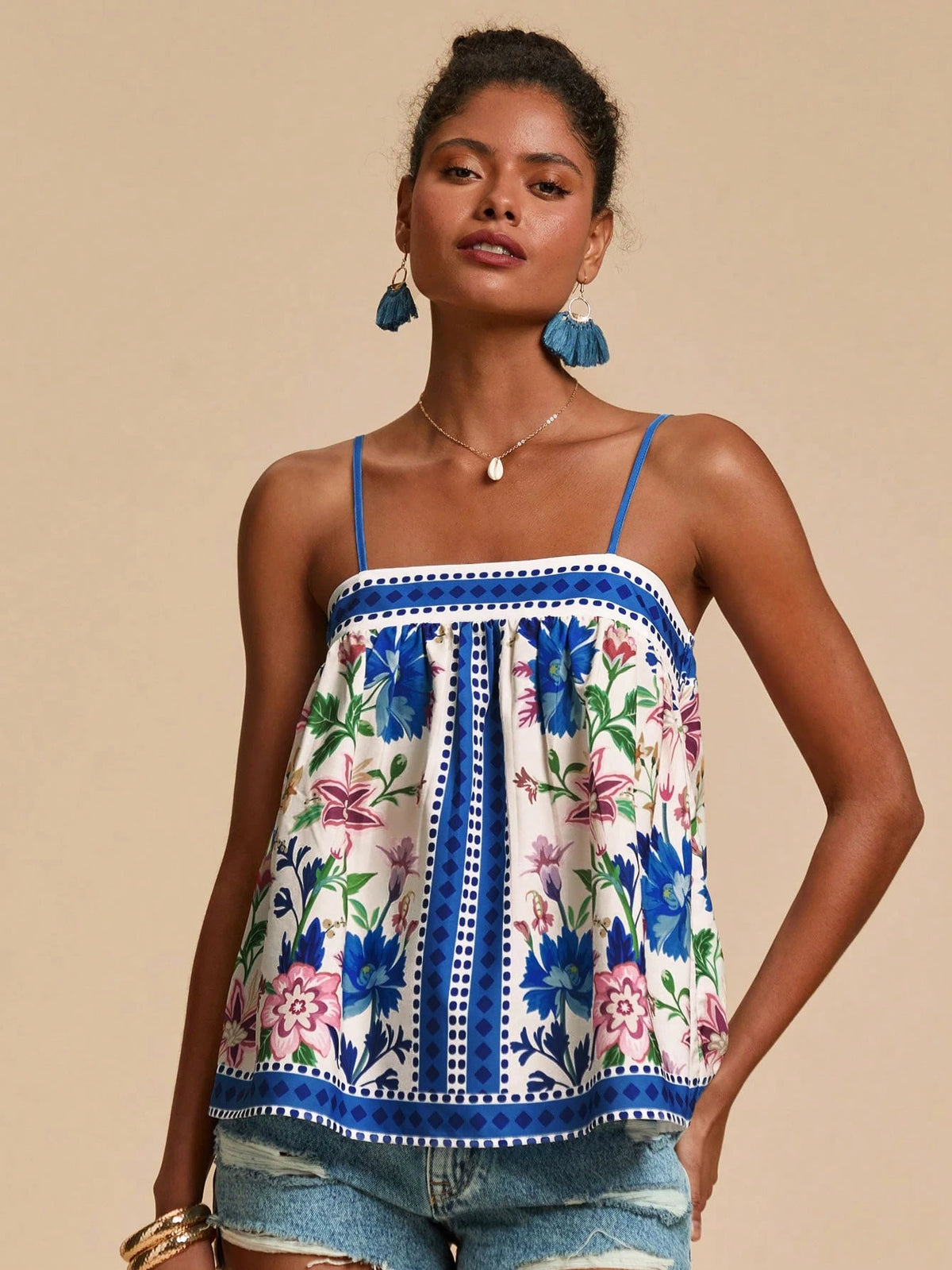 Travachic Women's White And Blue Floral Floral Print Cami Top, Vacation, Beach, Summer Tops, Tropical, Bohemian Sexy Breezy, Ibiza, Western Style