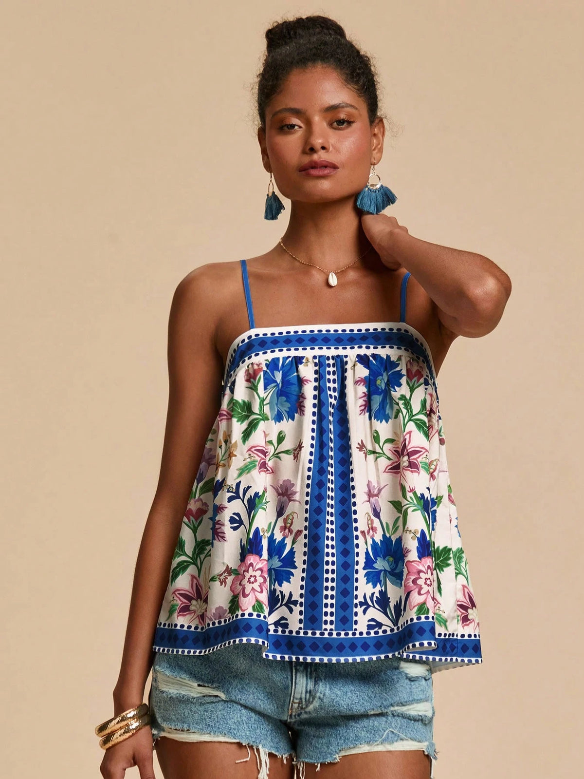 Travachic Women's White And Blue Floral Floral Print Cami Top, Vacation, Beach, Summer Tops, Tropical, Bohemian Sexy Breezy, Ibiza, Western Style