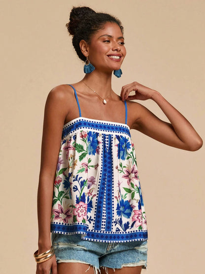 Travachic Women's White And Blue Floral Floral Print Cami Top, Vacation, Beach, Summer Tops, Tropical, Bohemian Sexy Breezy, Ibiza, Western Style