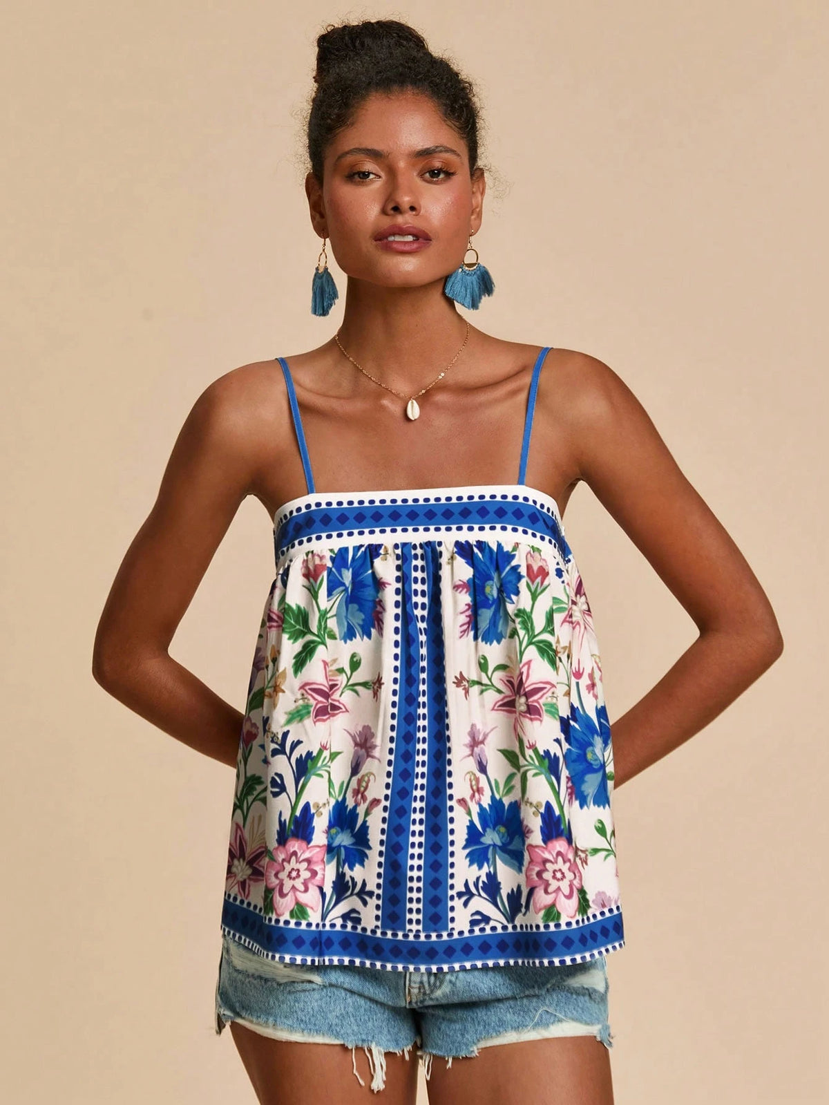 Travachic Women's White And Blue Floral Floral Print Cami Top, Vacation, Beach, Summer Tops, Tropical, Bohemian Sexy Breezy, Ibiza, Western Style