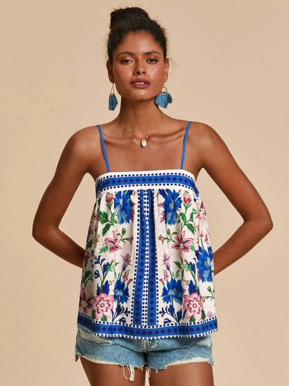 Travachic Women's White And Blue Floral Floral Print Cami Top, Vacation, Beach, Summer Tops, Tropical, Bohemian Sexy Breezy, Ibiza, Western Style