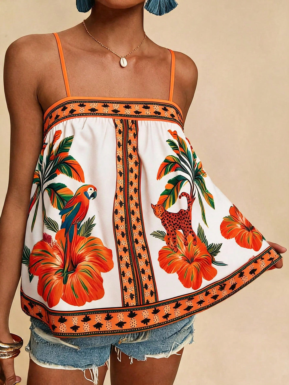 Travachic Women's White And Blue Floral Floral Print Cami Top, Vacation, Beach, Summer Tops, Tropical, Bohemian Sexy Breezy, Ibiza, Western Style