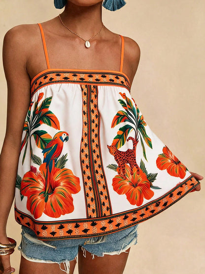 Travachic Women's White And Blue Floral Floral Print Cami Top, Vacation, Beach, Summer Tops, Tropical, Bohemian Sexy Breezy, Ibiza, Western Style
