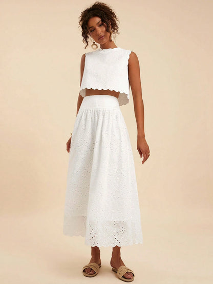 Travachic Women's White Summer Elegant Holiday Tea Party Vacation Two Pieces Outfits,Boho Embroidery Beach,Bohemian Western Style Casual Daily Wear