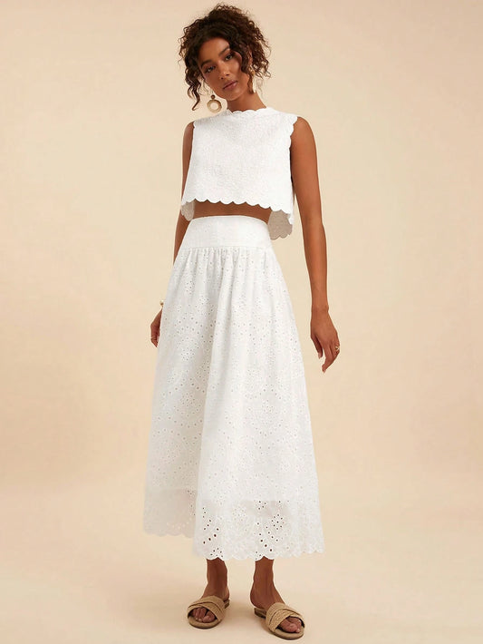 Travachic Women's White Summer Elegant Holiday Tea Party Vacation Two Pieces Outfits,Boho Embroidery Beach,Bohemian Western Style Casual Daily Wear