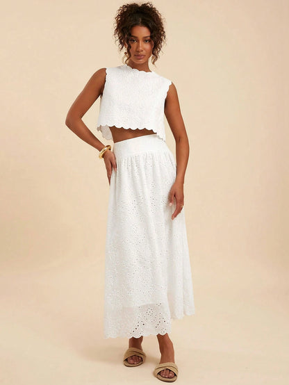 Travachic Women's White Summer Elegant Holiday Tea Party Vacation Two Pieces Outfits,Boho Embroidery Beach,Bohemian Western Style Casual Daily Wear