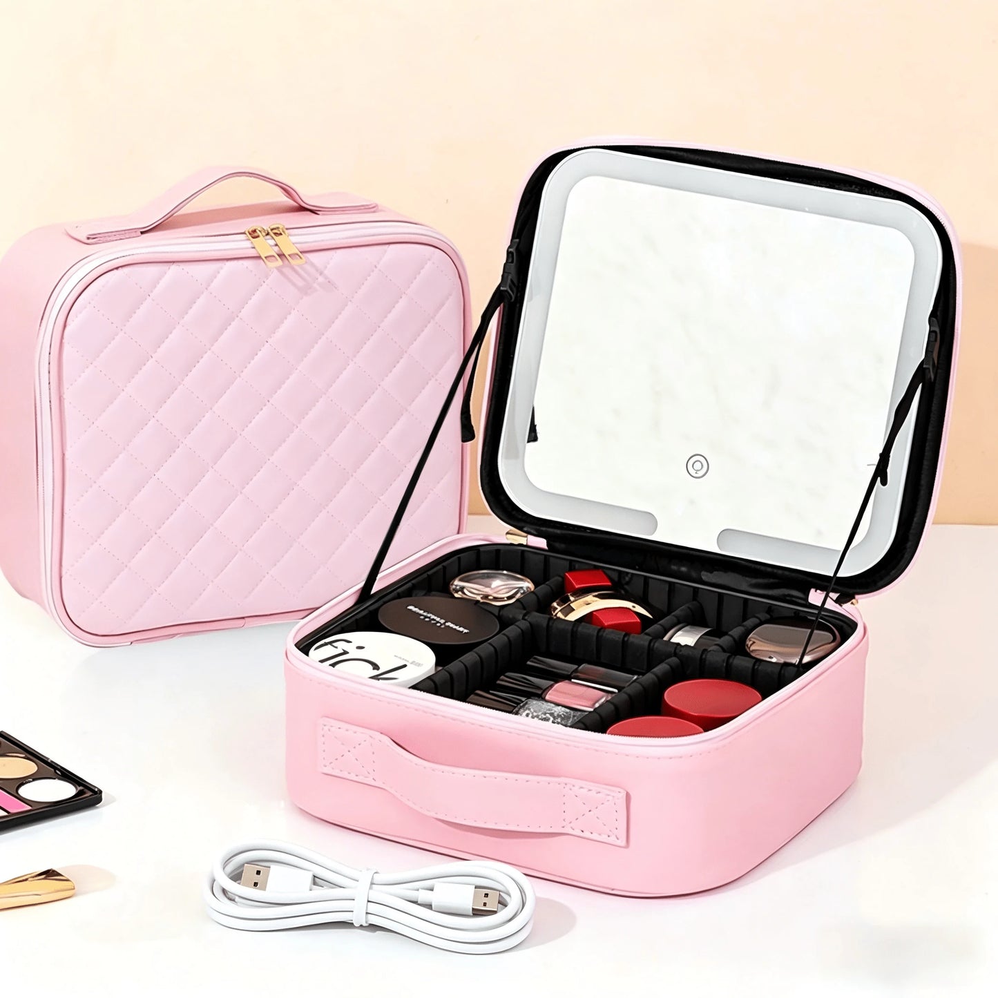Travel Makeup Bag With LED Mirror, 3 Color Lighting Modes & Touch Switch, Large Capacity Cosmetic Organizer With Adjustable Dividers, Portable PU Leather Travel Essentials For Women
