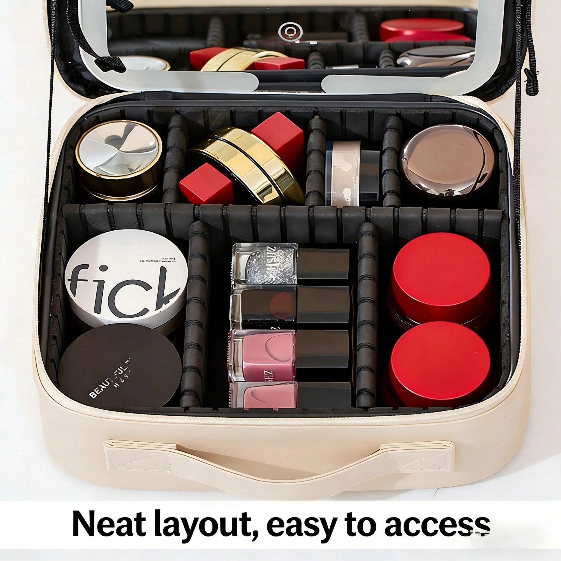 Travel Makeup Bag With LED Mirror, 3 Color Lighting Modes & Touch Switch, Large Capacity Cosmetic Organizer With Adjustable Dividers, Portable PU Leather Travel Essentials For Women