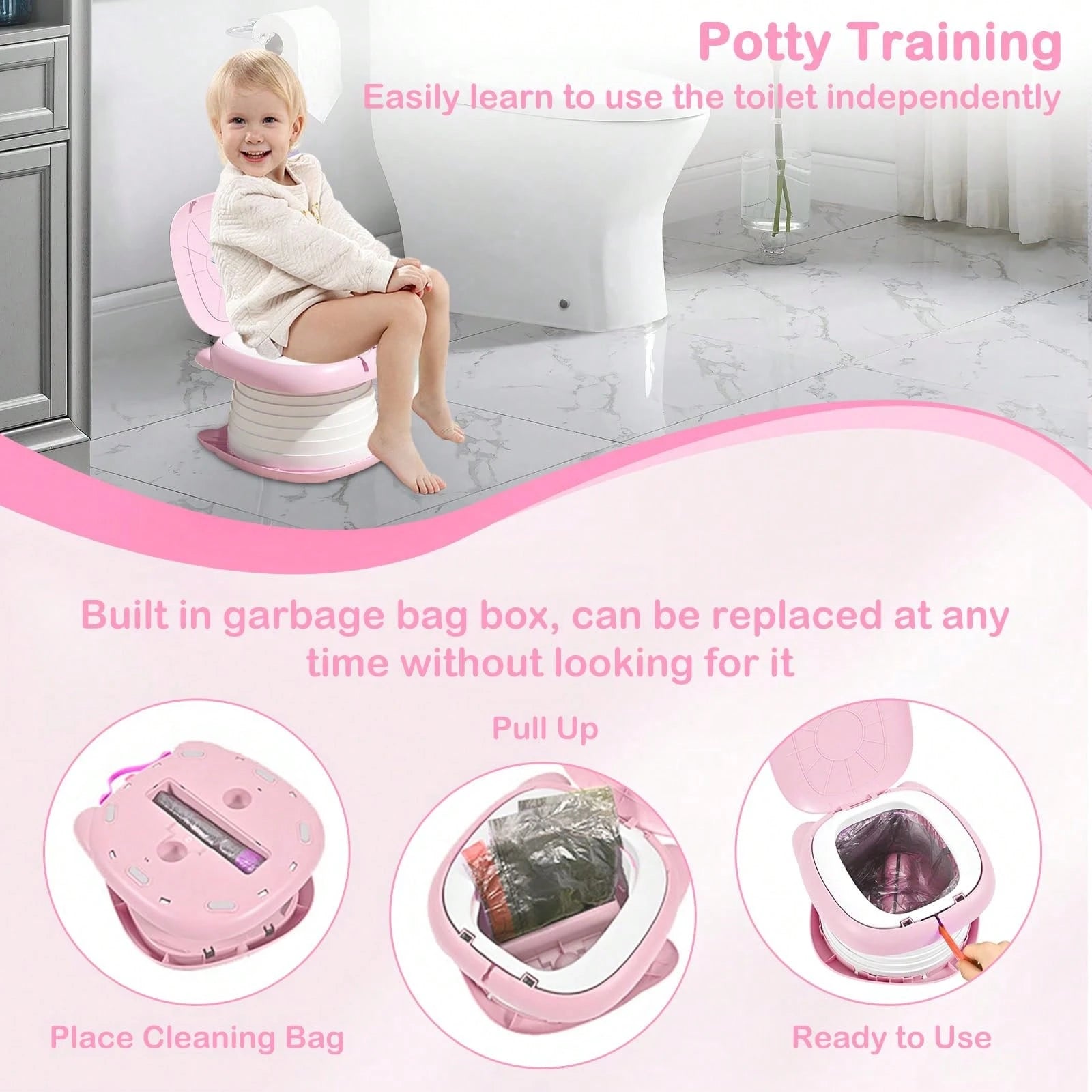 Travel Potty For Toddlers, Portable Potty Chair With 1 Roll Premium Waste Bags- Kids Toilet For Car, Camping, Indoor Outdoor- Easy Clean Training Seat