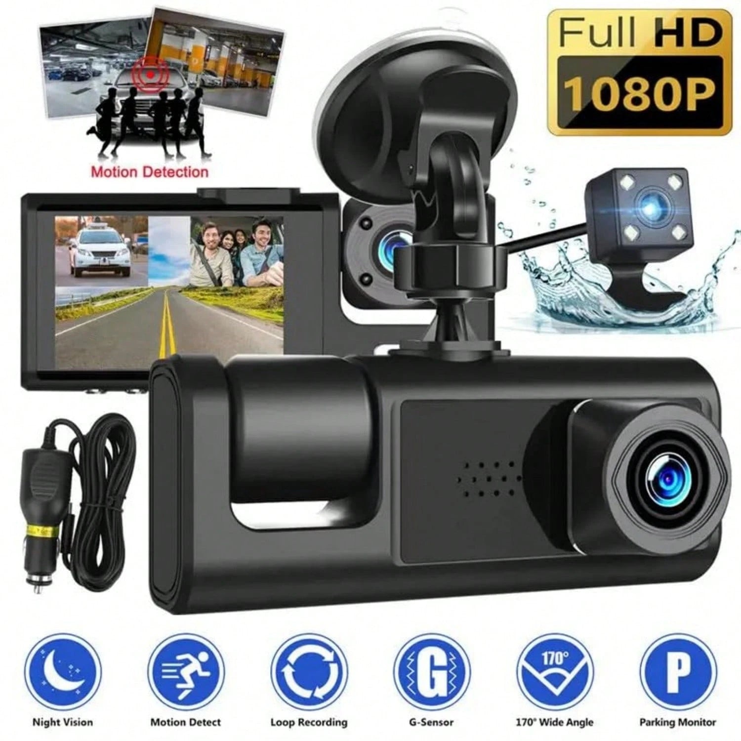Triple Camera Dash Cam- Infrared Night Vision, 1080P Front And 720P Rear,170° Wide Angle & Built-In Audio Loop Recording, Perfect Vehicle Safety Camera 24 Hours Parking Mode For New Cars Or Holiday G