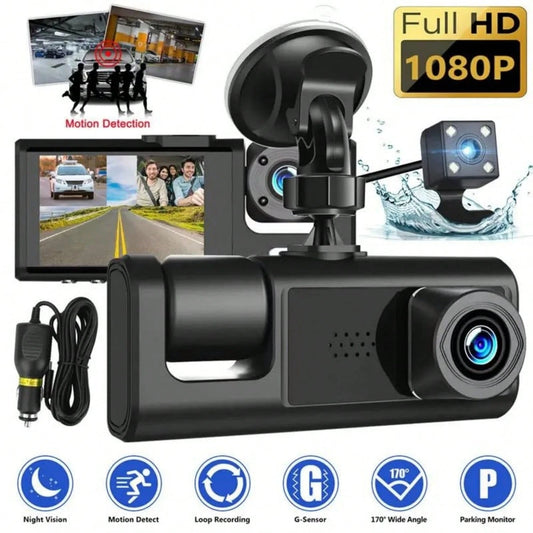 Triple Camera Dash Cam- Infrared Night Vision, 1080P Front And 720P Rear,170° Wide Angle & Built-In Audio Loop Recording, Perfect Vehicle Safety Camera 24 Hours Parking Mode For New Cars Or Holiday G