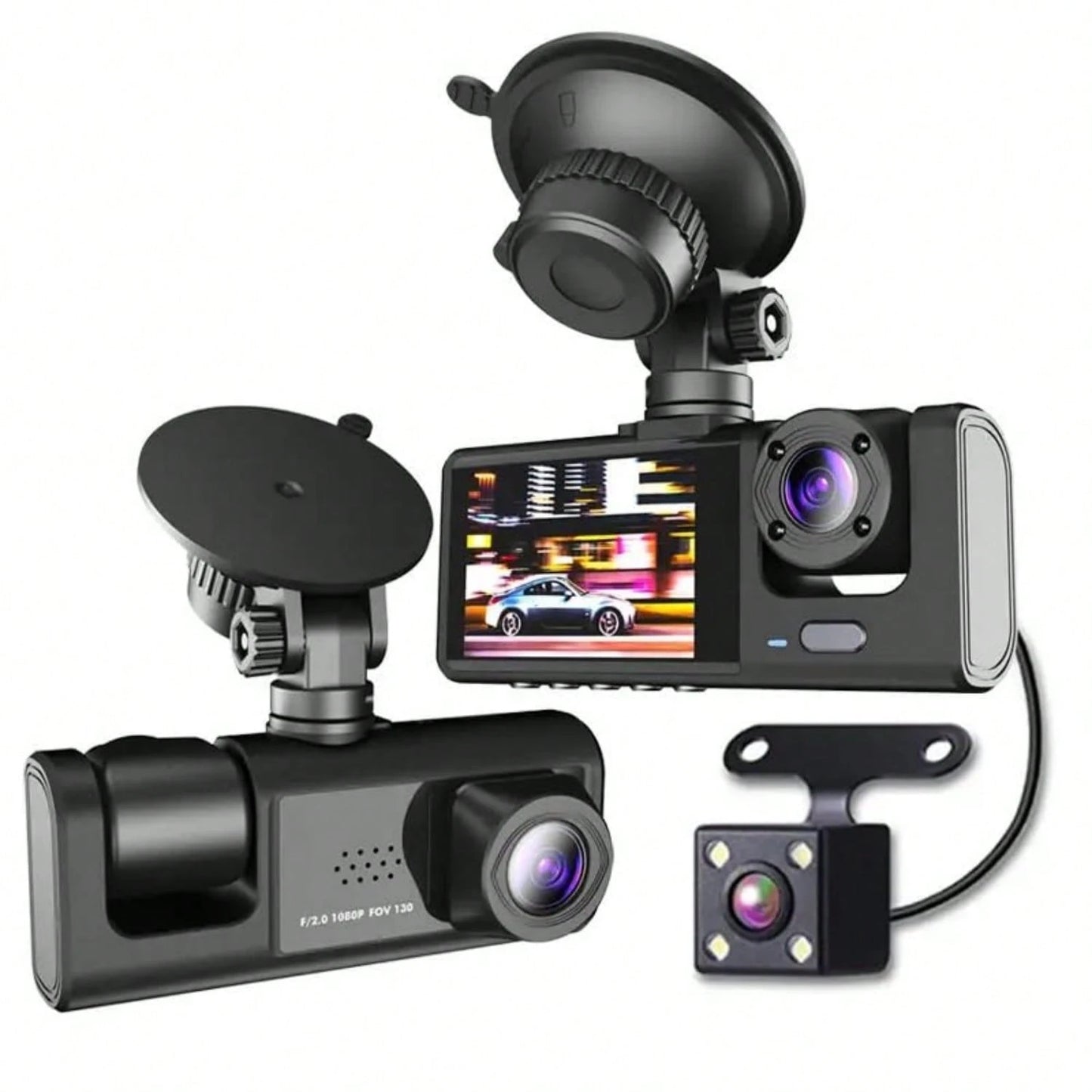 Triple Camera Dash Cam- Infrared Night Vision, 1080P Front And 720P Rear,170° Wide Angle & Built-In Audio Loop Recording, Perfect Vehicle Safety Camera 24 Hours Parking Mode For New Cars Or Holiday G