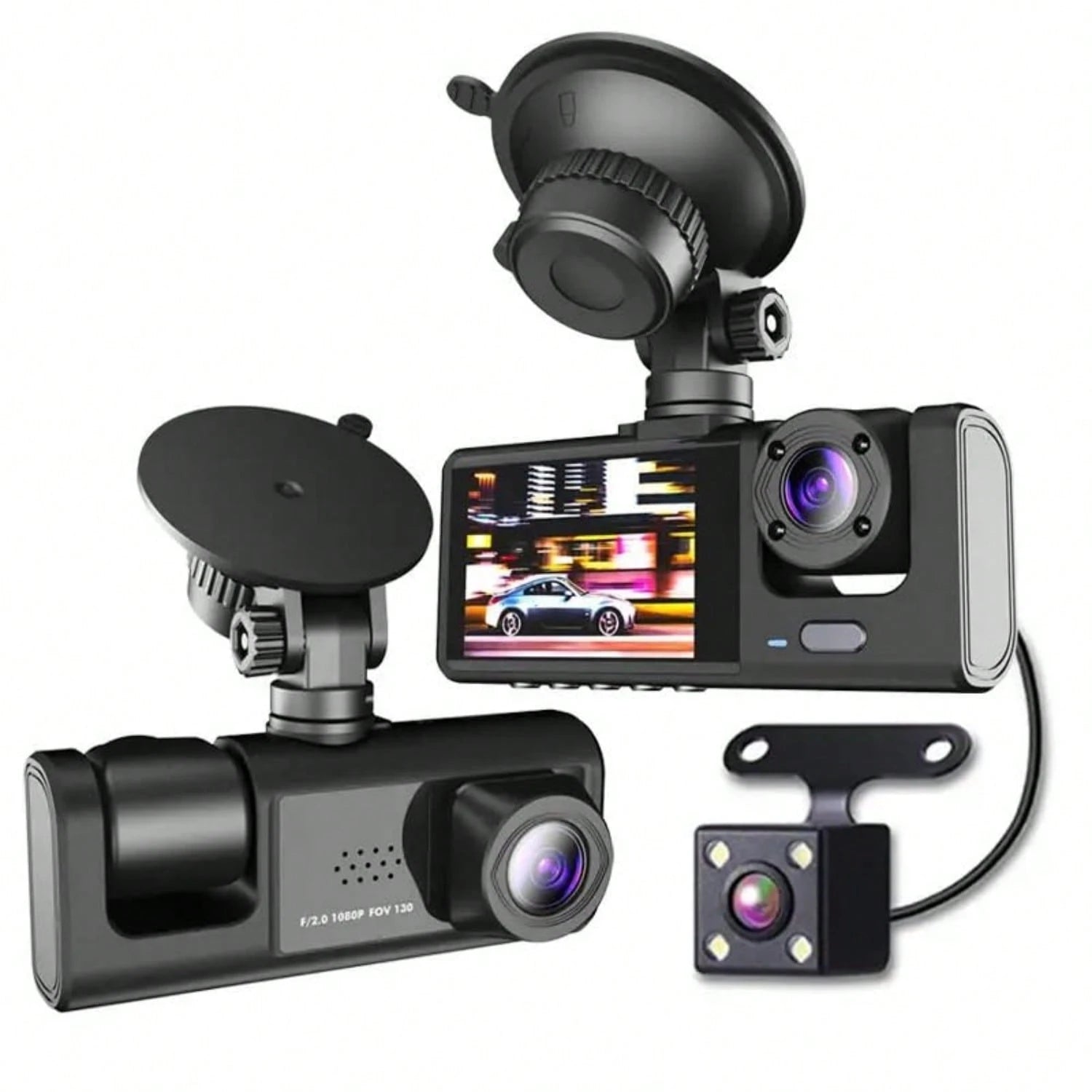 Triple Camera Dash Cam- Infrared Night Vision, 1080P Front And 720P Rear,170° Wide Angle & Built-In Audio Loop Recording, Perfect Vehicle Safety Camera 24 Hours Parking Mode For New Cars Or Holiday G