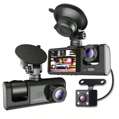 Triple Camera Dash Cam- Infrared Night Vision, 1080P Front And 720P Rear,170° Wide Angle & Built-In Audio Loop Recording, Perfect Vehicle Safety Camera 24 Hours Parking Mode For New Cars Or Holiday G