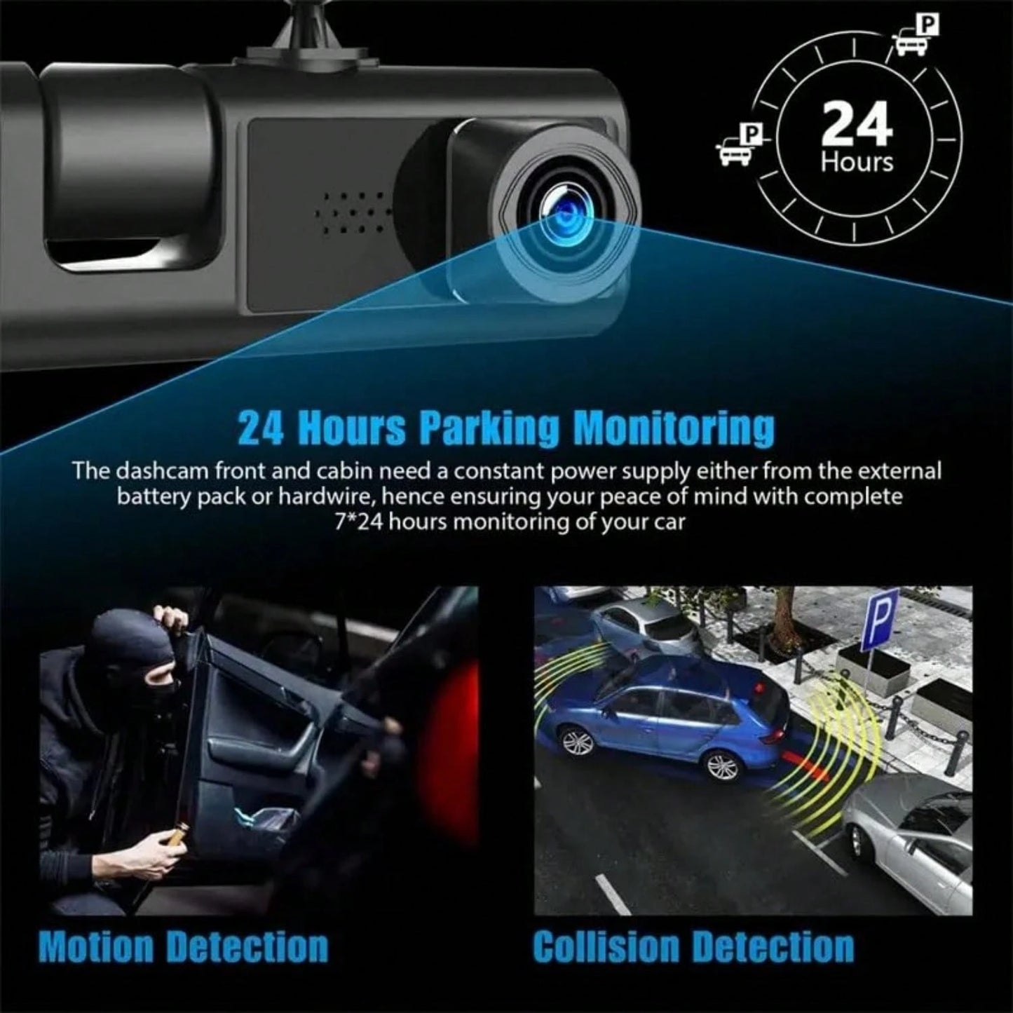 Triple Camera Dash Cam- Infrared Night Vision, 1080P Front And 720P Rear,170° Wide Angle & Built-In Audio Loop Recording, Perfect Vehicle Safety Camera 24 Hours Parking Mode For New Cars Or Holiday G