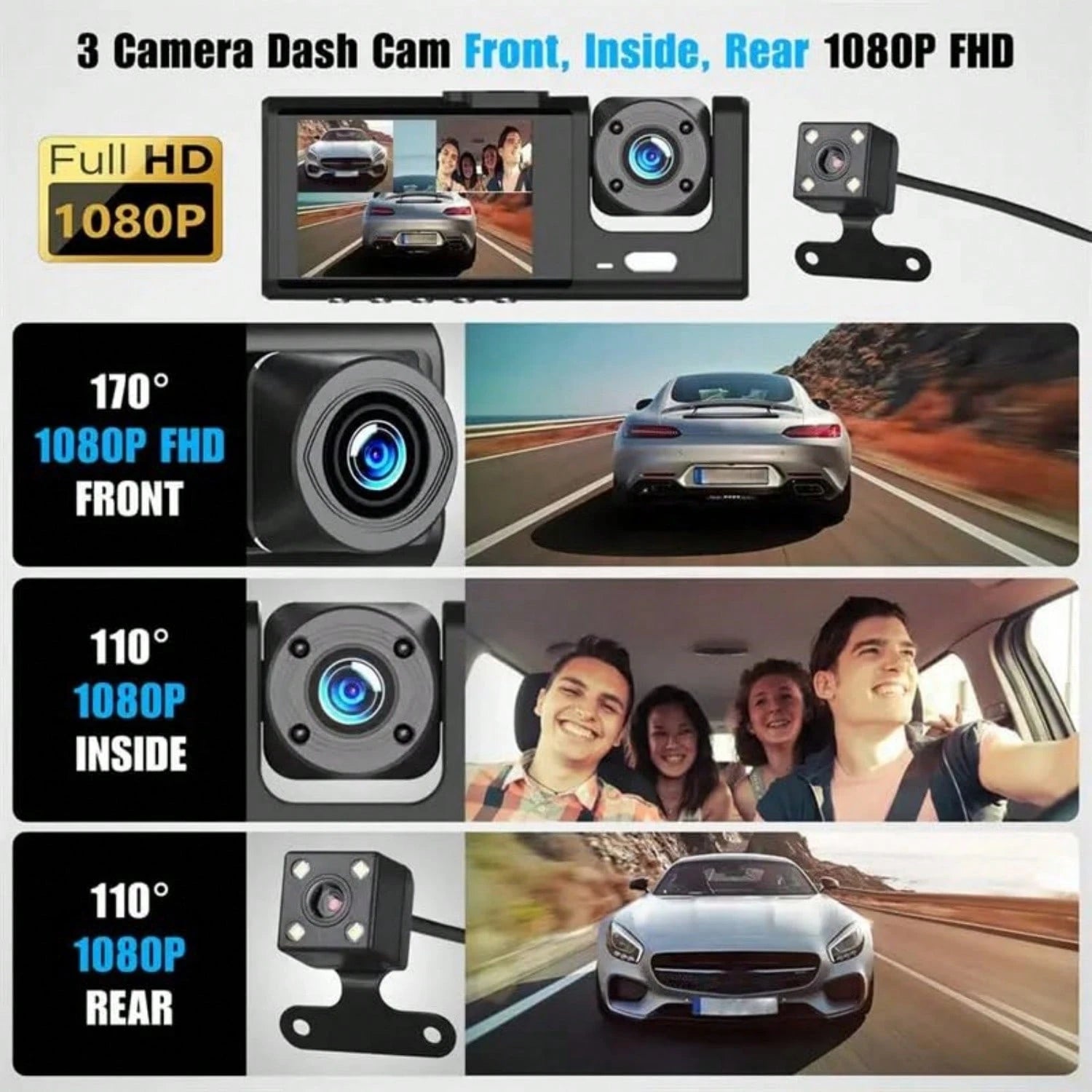 Triple Camera Dash Cam- Infrared Night Vision, 1080P Front And 720P Rear,170° Wide Angle & Built-In Audio Loop Recording, Perfect Vehicle Safety Camera 24 Hours Parking Mode For New Cars Or Holiday G