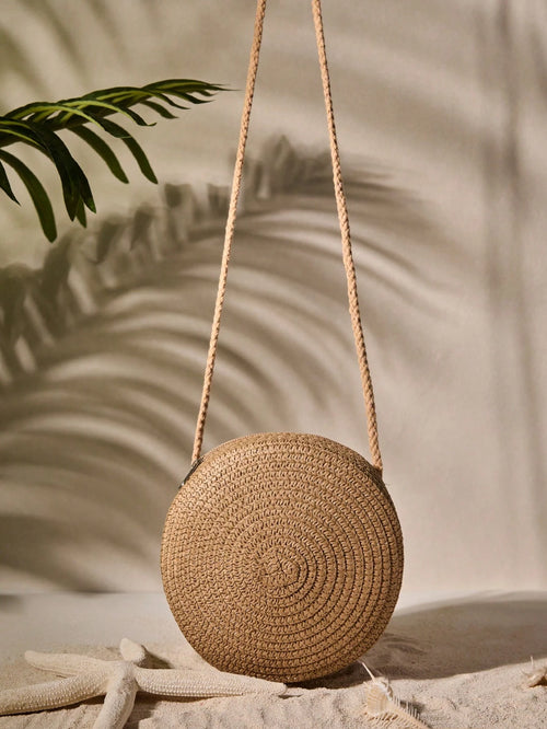 Tropiscape Mini Minimalist Straw Bag Simple Round Straw Bag,Mini Woven Crossbody Bag,Women's Summer Purse (6.3 X 6.3) Inch Mini Round Straw Woven Crossbody Bag,Fashion Braided Circle Purse,Summer Bag