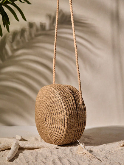 Tropiscape Mini Minimalist Straw Bag Simple Round Straw Bag,Mini Woven Crossbody Bag,Women's Summer Purse (6.3 X 6.3) Inch Mini Round Straw Woven Crossbody Bag,Fashion Braided Circle Purse,Summer Bag