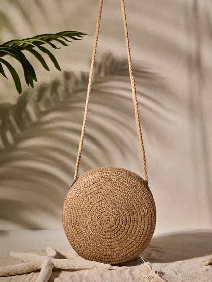 Tropiscape Mini Minimalist Straw Bag Simple Round Straw Bag,Mini Woven Crossbody Bag,Women's Summer Purse (6.3 X 6.3) Inch Mini Round Straw Woven Crossbody Bag,Fashion Braided Circle Purse,Summer Bag