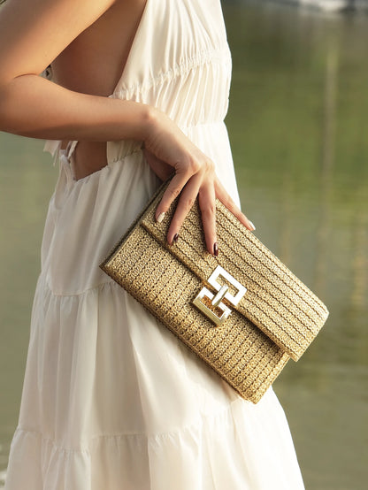 Tropiscape Multi-Layer Twist-Lock Flap Clutch Gold Bag Woven Handbag, Perfect For Vacation Beach Autumn Winter Gifts, Gold Bag Cottagecore