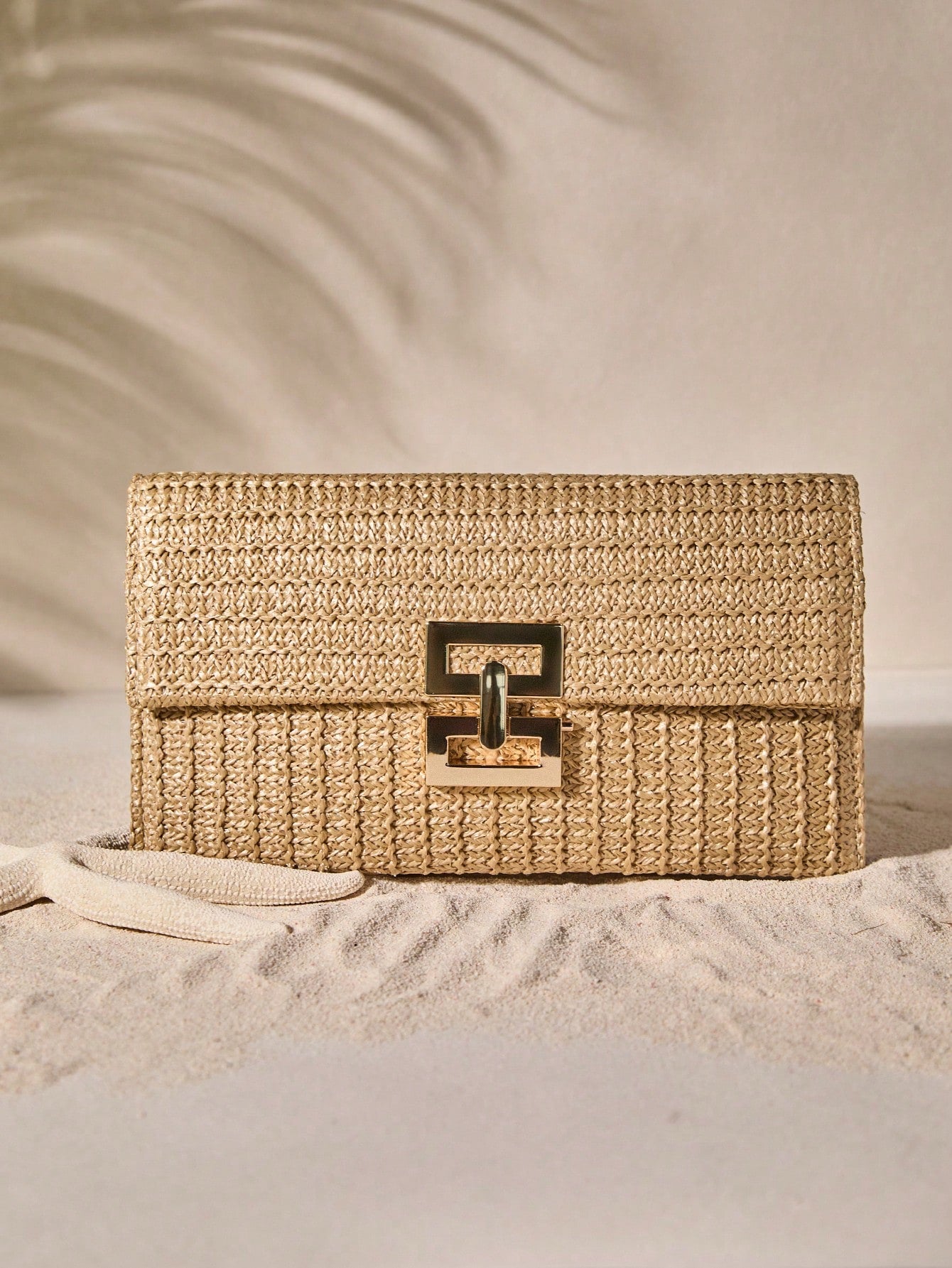 Tropiscape Multi-Layer Twist-Lock Flap Clutch Gold Bag Woven Handbag, Perfect For Vacation Beach Autumn Winter Gifts, Gold Bag Cottagecore