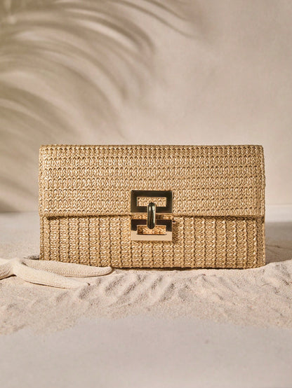 Tropiscape Multi-Layer Twist-Lock Flap Clutch Gold Bag Woven Handbag, Perfect For Vacation Beach Autumn Winter Gifts, Gold Bag Cottagecore