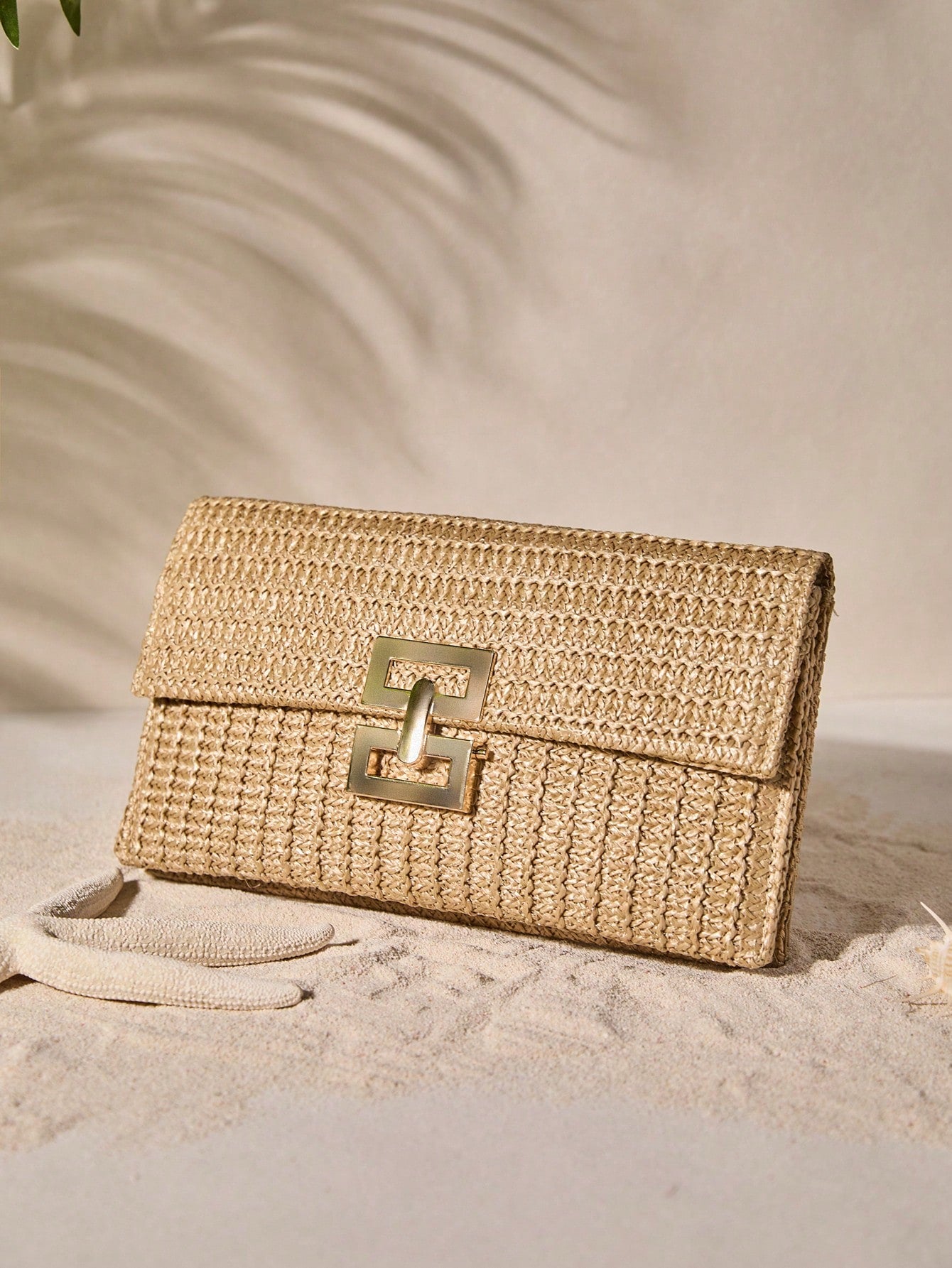 Tropiscape Multi-Layer Twist-Lock Flap Clutch Gold Bag Woven Handbag, Perfect For Vacation Beach Autumn Winter Gifts, Gold Bag Cottagecore