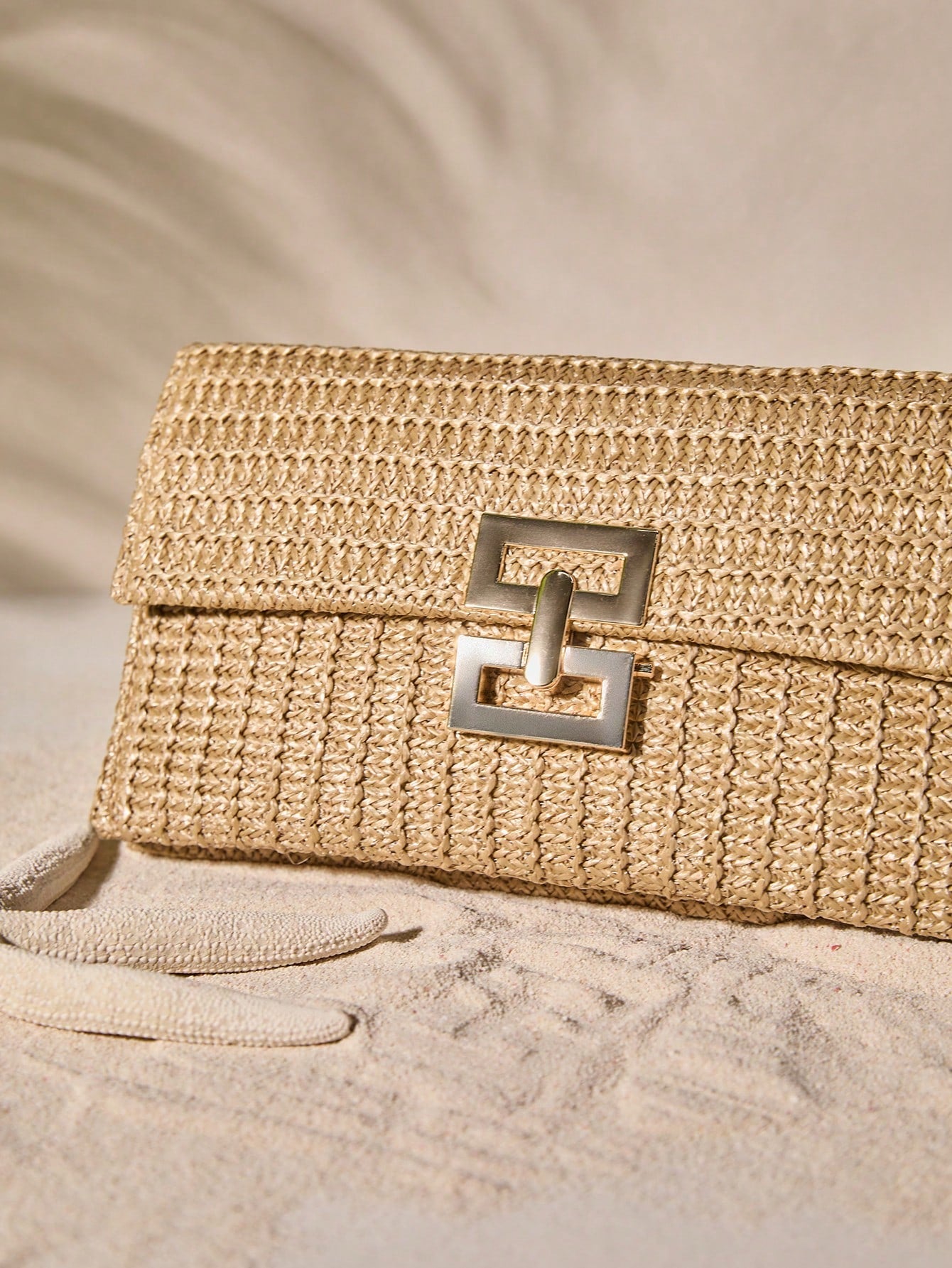 Tropiscape Multi-Layer Twist-Lock Flap Clutch Gold Bag Woven Handbag, Perfect For Vacation Beach Autumn Winter Gifts, Gold Bag Cottagecore