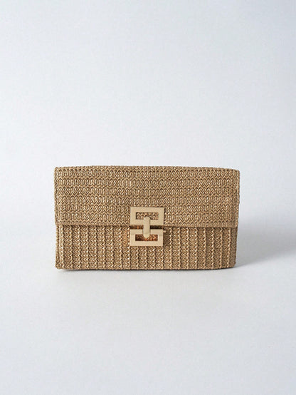 Tropiscape Multi-Layer Twist-Lock Flap Clutch Gold Bag Woven Handbag, Perfect For Vacation Beach Autumn Winter Gifts, Gold Bag Cottagecore